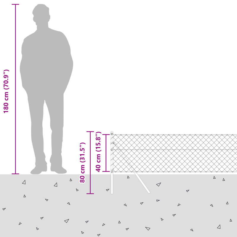Chain Link Fence With 7 Posts Galvanised Steel, Silver, 40cm H x 1000cm W
