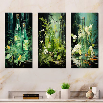 Green Bottled Melody - Bottled Beverage Metal Wall Art Set Of 3