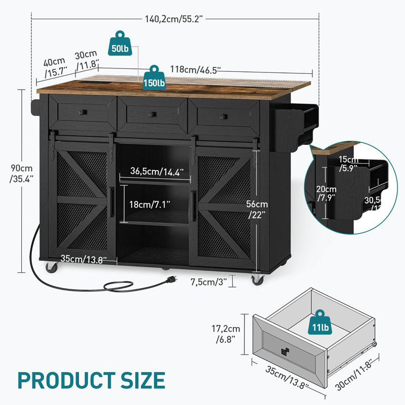 Îlot de cuisine avec rangement, chariot de cuisine 55 po avec station de charge