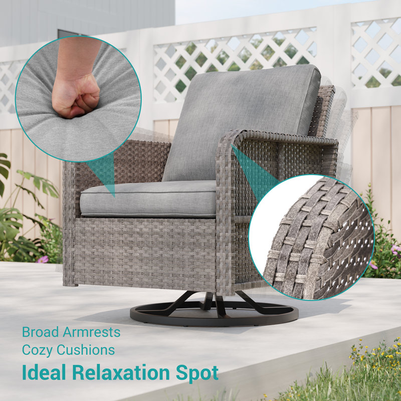 Ensemble de conversation de patio 3 pièces avec coussin et chaises berçantes pivotantes, Lin gris