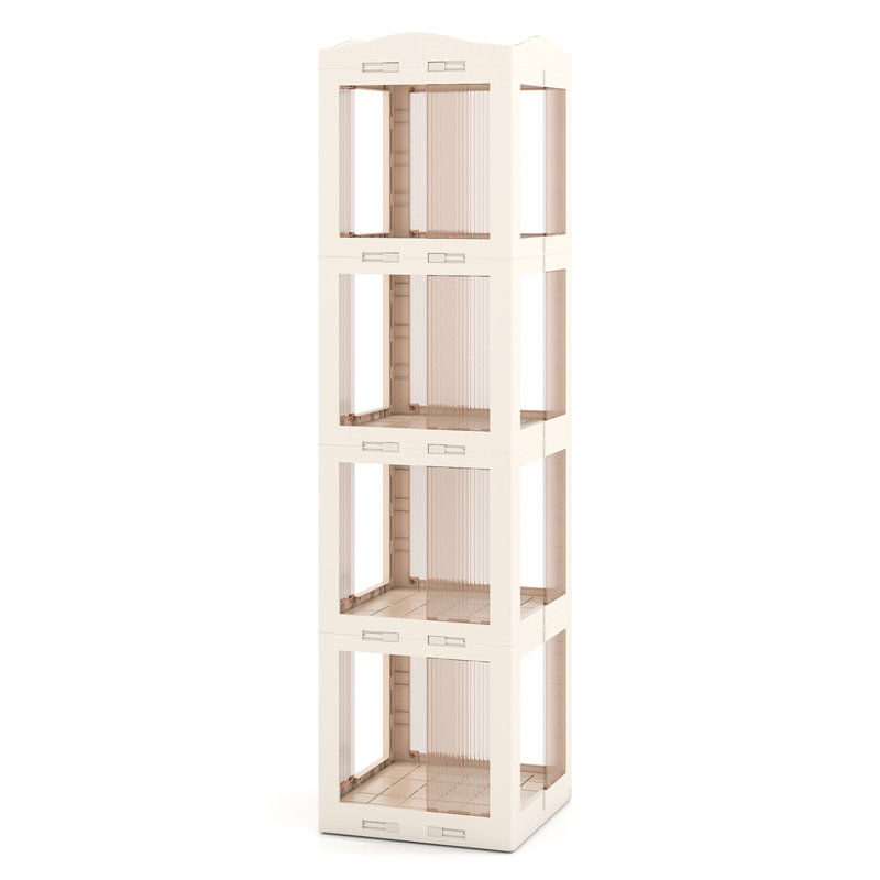 Bibliothèque pliable et pivotante à 4 niveaux avec base pivotante à 360°, panneaux translucides et conception d'angle gain de place, blanche