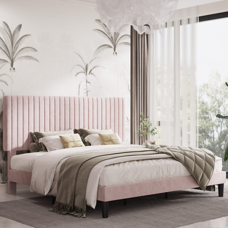 Dunphy Upholstered Platform Bed with Adjustable Headboard, King, Sakura Pink