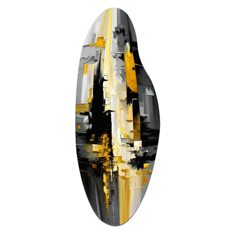 Smilte Abstract Geometric Black And Yellow V - Geometric Asymmetrical Metal Wall Decor, Modern Curved Metal Art Print