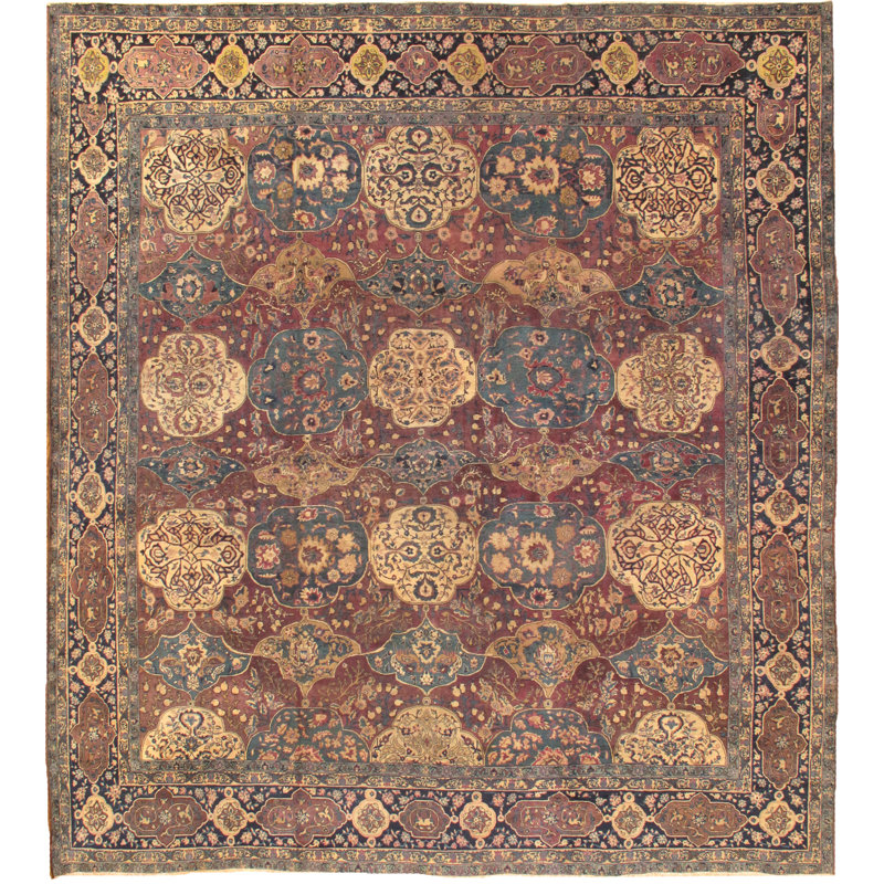 Tapis unique en laine noué à la main marron / bleu / beige 11 pi 9 po x 12 pi 9 po Agra