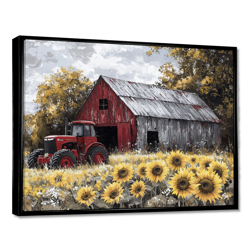 Dorea Country Side Sunflowers with Tractor Farm IV - ferme, art mural, Noir, noir, noir, noir, Impression encadrée flottante