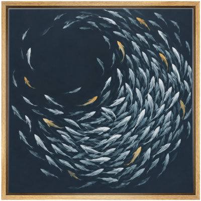 Navy Silver Gold Spiral Fish School Wall Art Decor Framed On Canvas Print