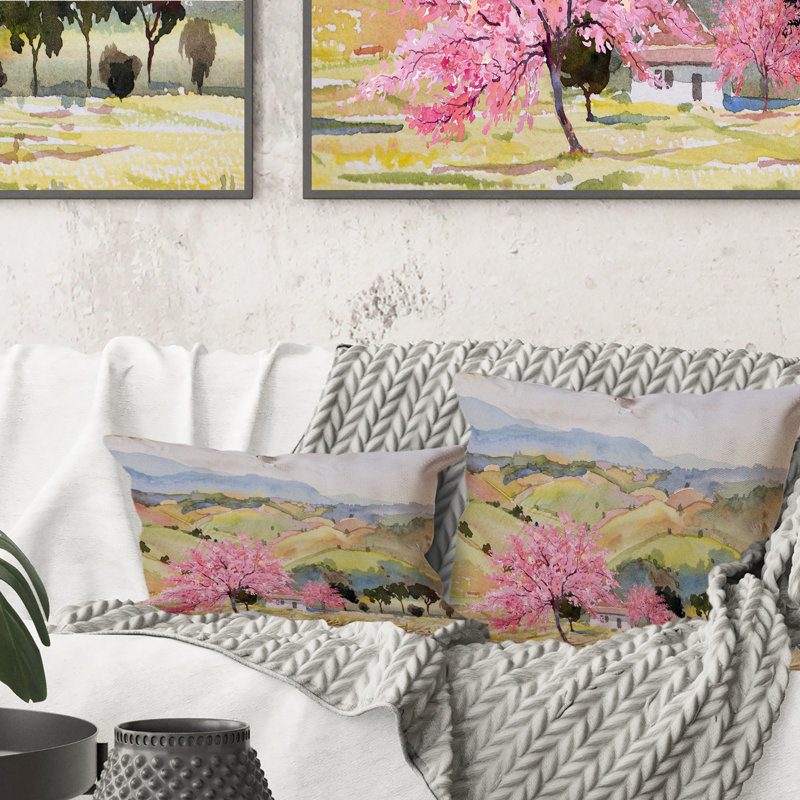Coussin Pink Mountain Tree In Autum Landscape