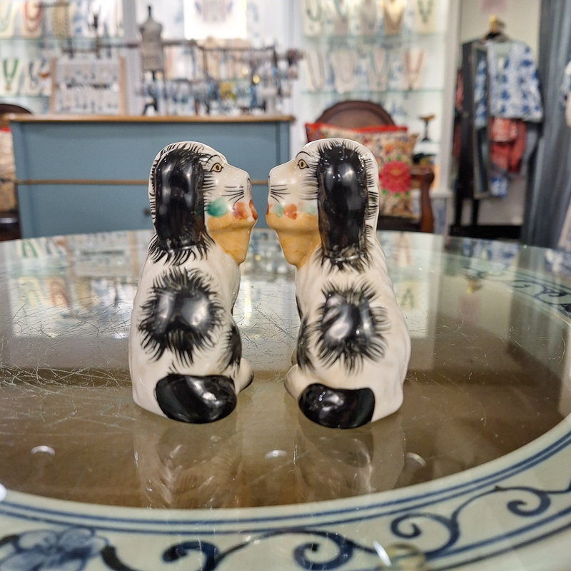 Small Black Staffordshire Style Basket Dog Figurines Pair, Black/White/Beige