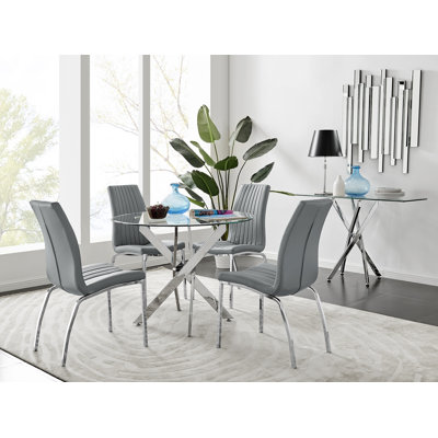 Tierra Sleek Metal and Glass Round Dining Table Set with 4 Faux Leather Upholstered Dining Chairs