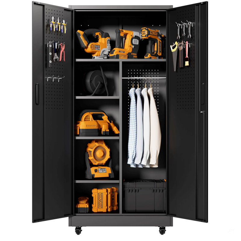 Rolling Metal Storage Locker Cabinet with Lockable Doors - 71" Freestanding Steel Wardrobe for Home, Office, School, Employee, Gym & Fire Department (Black)