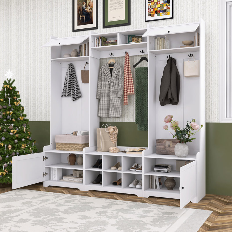 Modern Hall Tree With Shoe Storage,Cubbies, Coat Hooks & Adiustable Shelf, White
