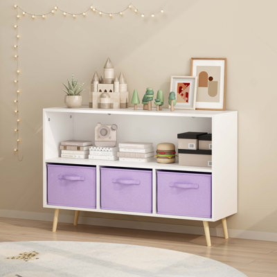 Kids bookcase with Collapsible Fabric Drawers, Children's Book Display, Toy Storage Cabinet Organizer, White/Purple