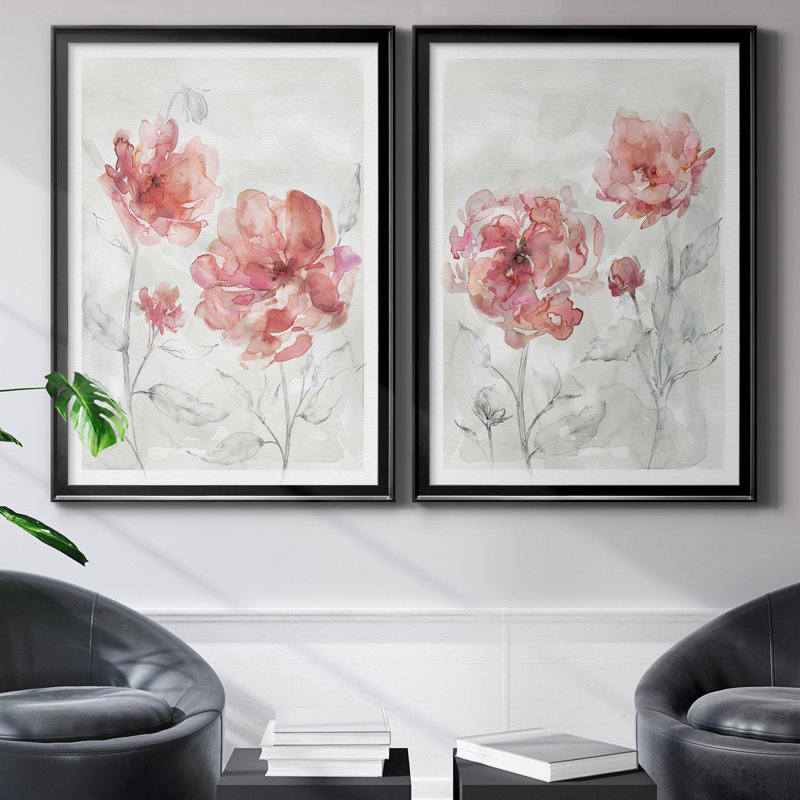«Blush Botanical I», ensemble de 2 reproductions d'art, H 30,5 po x l 42,5 po x P 3 po, Toile avec cadre noir, Pas de tapis