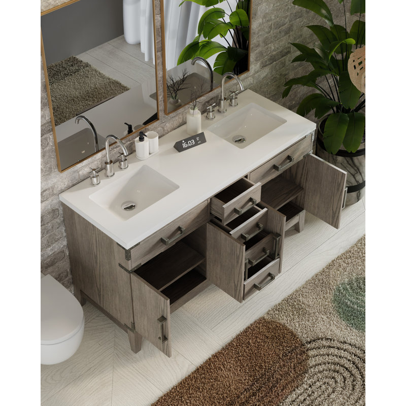 Meuble-lavabo double l 60 po x P 22 po Laurel, Chêne gris
