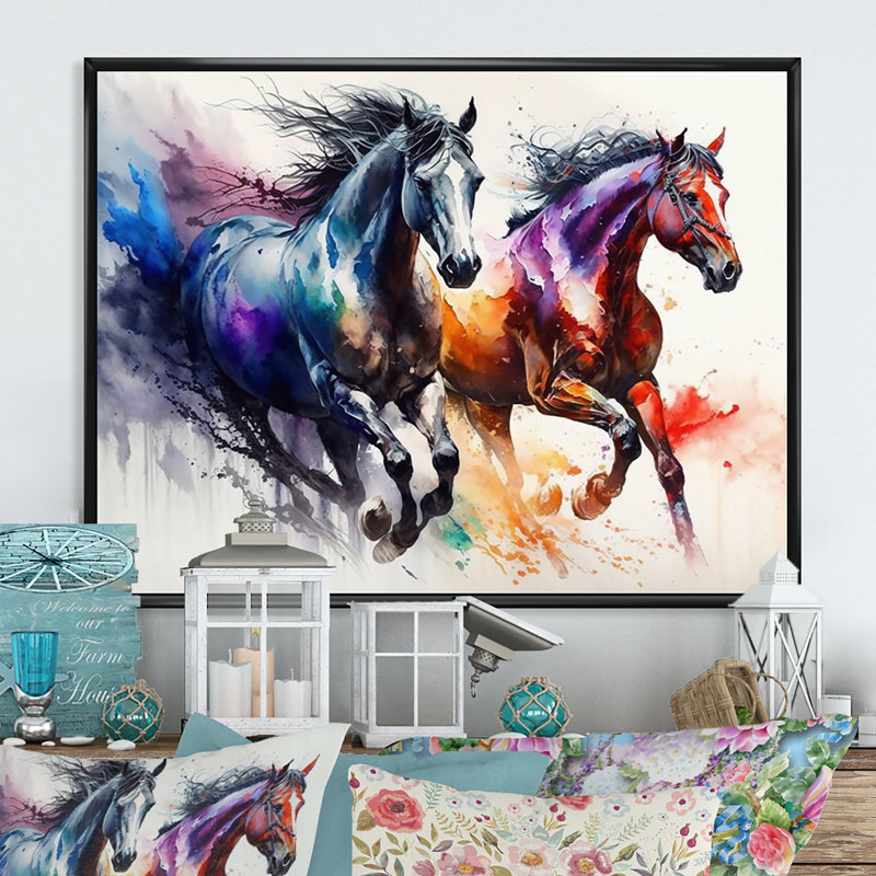 Horses Running II - Horse Wall Art, 24" H x 32" W x 1" D, Black Floater Framed