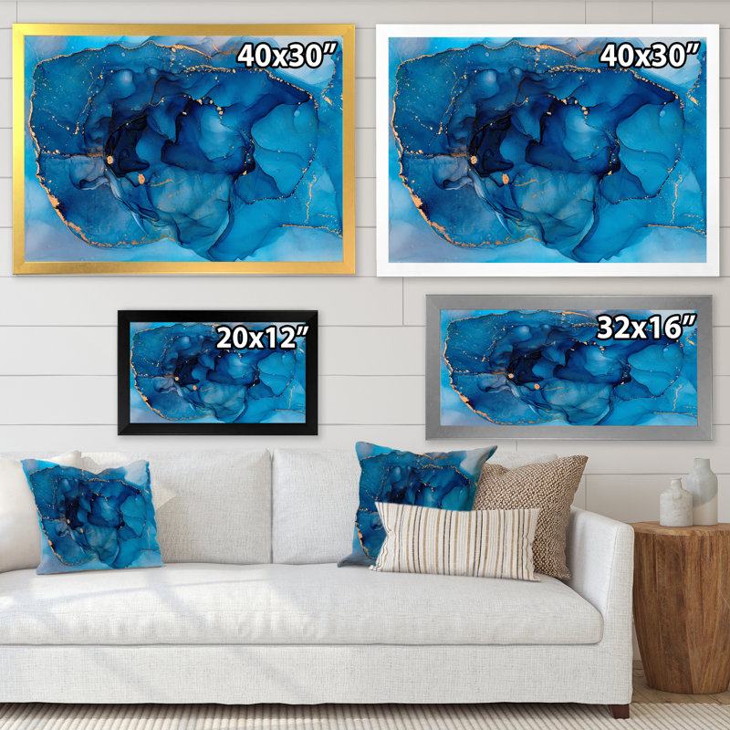 Bleu abstrait luxueux fluide - peinture sur toile, H 12 po x l 20 po x P 1 po, Cadre photo blanc