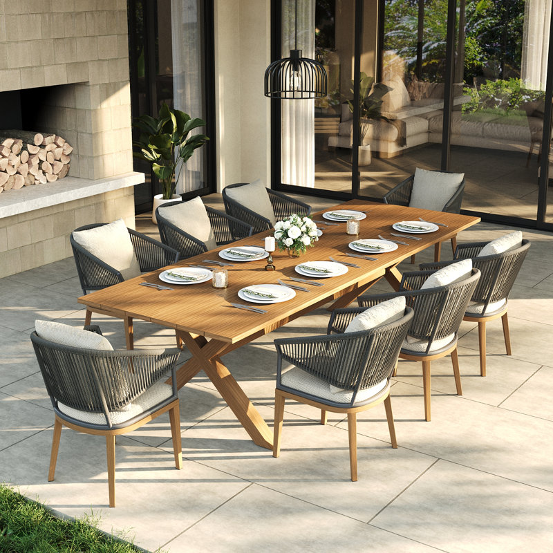 8 - Person Rectangular Outdoor Dining Set With Cushions, Beige Cushion/Brown/Gray Frame, 8