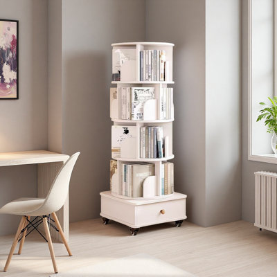 Rotating Bookshelf With Drawer, 360 Display 5 Tier Corner Bookshelf For Small Space, Floor Standing Bookcase Storage Rack, Wood Narrow Organizer For Bedroom, Living Room