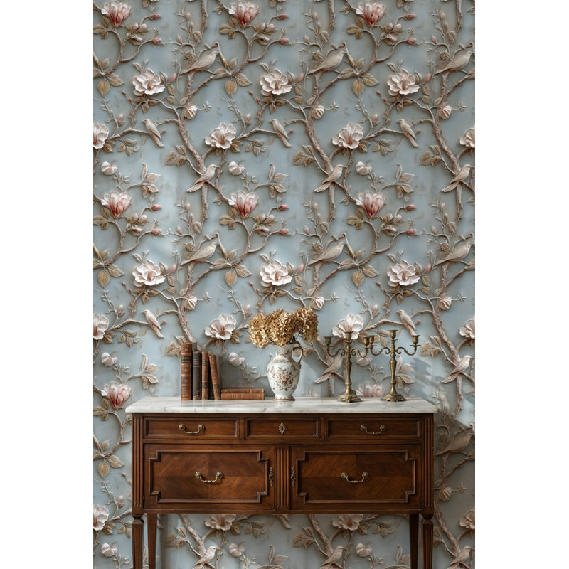 Papier peint floral, oiseaux, double rouleau mural classique amovible