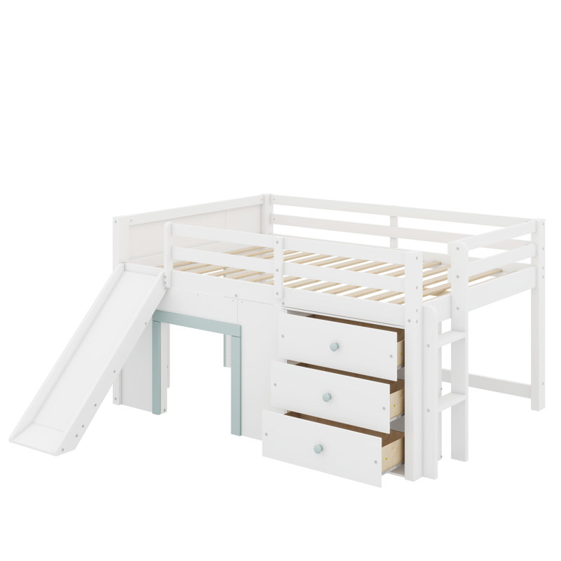 Lit mezzanine double pleine grandeur avec glissière, tiroirs de rangement et deux portes