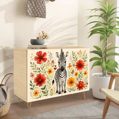Buffet étroit de 35,4 po de largeur - armoire de rangement décorative à 2 portes avec joli motif zébré et pieds en métal