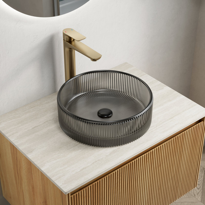 14'' Transparent Black Round Crystal Glass Bathroom Sink, Artistic Stripes Beautify, Fits On Different Cabinets, Simple Maintenance Work, Water Splash - Usage, Faucet And Drain Stopper Note