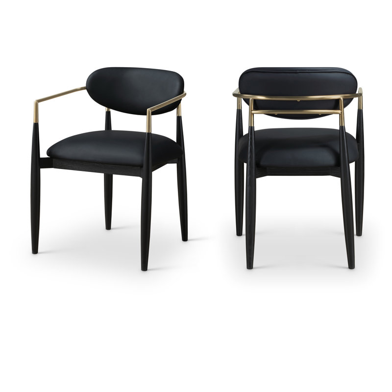 Eligah Vegan Leather Upholstered Dining Arm Chair, Stained Black / Brushed Brass, Black Vegan Leather