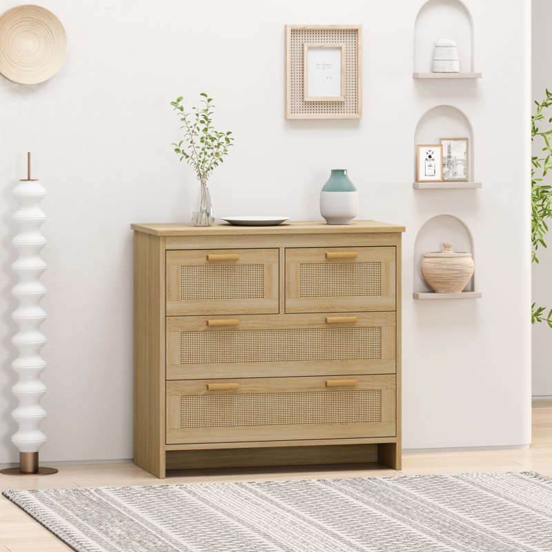 Sturdy Rattan Dresser with 4 Deep Drawers and Anti-Tipping Design Perfect for Home, Natural