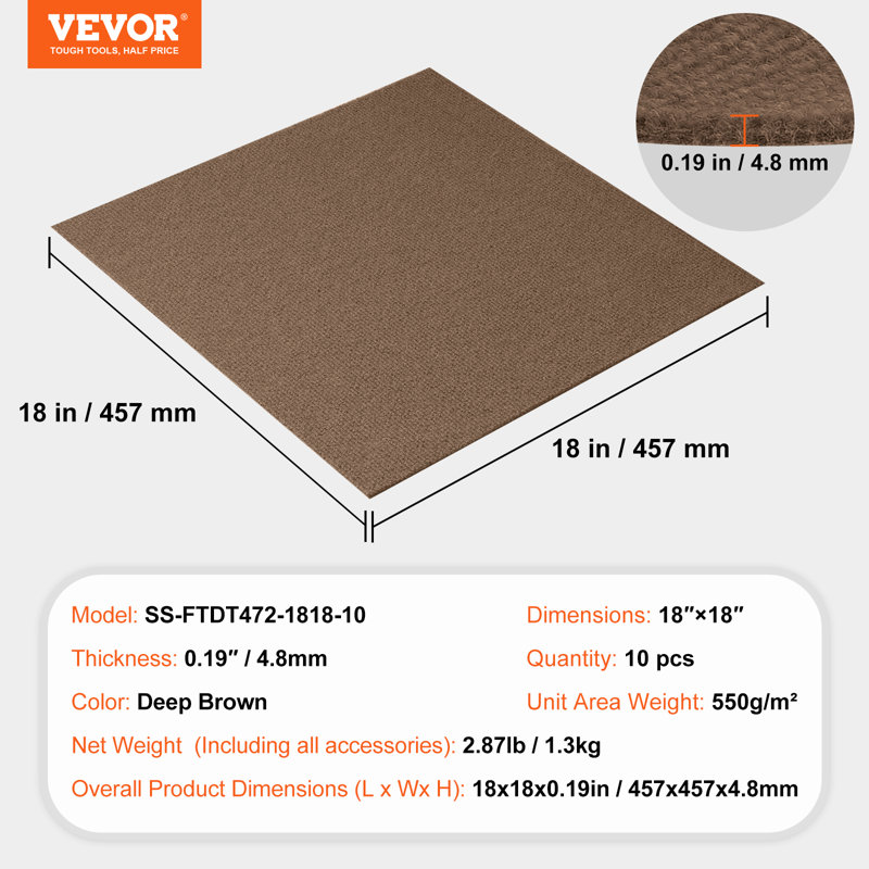 Dalle de tapis en polyester 18 po x l 18 po coupe et bouclée, Brun