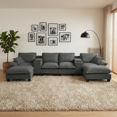 Canapé modulaire Cloud, canapé voilier en U avec 2 consoles centrales de rangement et porte-gobelets, port USB, 2 repose-pieds et 2 coussins, chenille pour appartement et salon