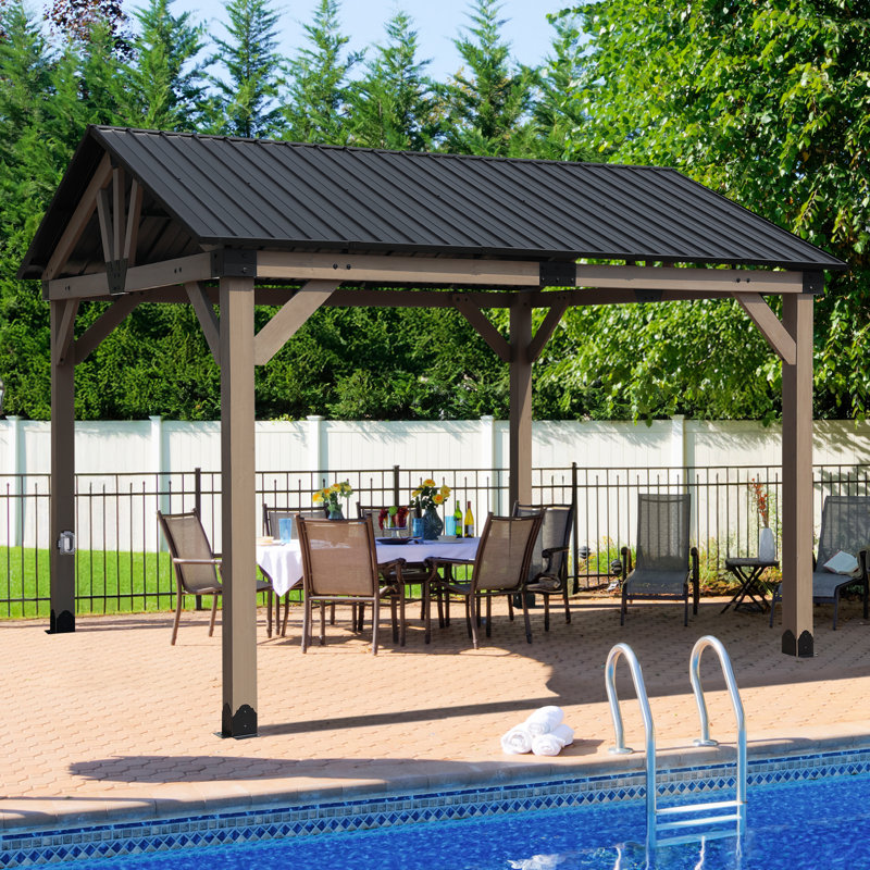 Aoodor 12' x 10' Wood Gazebo with Outlets, 114" H x 144" W x 120" D