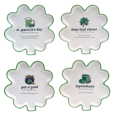 St. Patrick's Day Set of 4 Shamrock Shaped Tidbit Plates – 6.5" Stoneware Plates with Humorous Irish Sayings & Green Border – Perfect for Snacks, Appetizers & Festive Décor