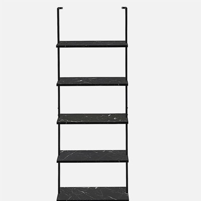 Tablette de présentation trapézoïdale à cinq niveaux, structure en grain de bois gris et structure en métal noir
