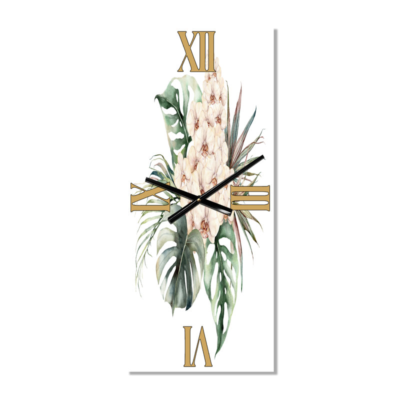 Horloge murale Bouquet avec orchidées Monstera et feuilles de noix de coco, Grand