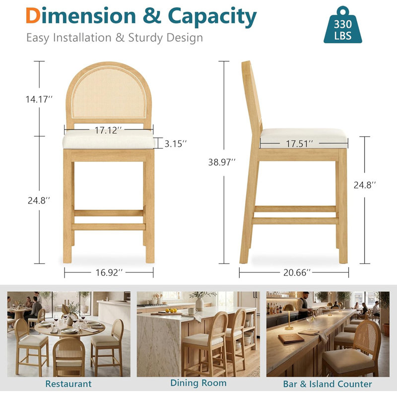 Wooden Bar Stools With Natural Rattan Back (Set Of 4), 4