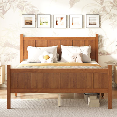 Lit double à panneau plat pleine grandeur avec tête et pied de lit, lit plateforme minimaliste moderne avec finition grain de bois, style Shaker et style campagnard, mobilier de chambre élégant et fonctionnel, noyer clair