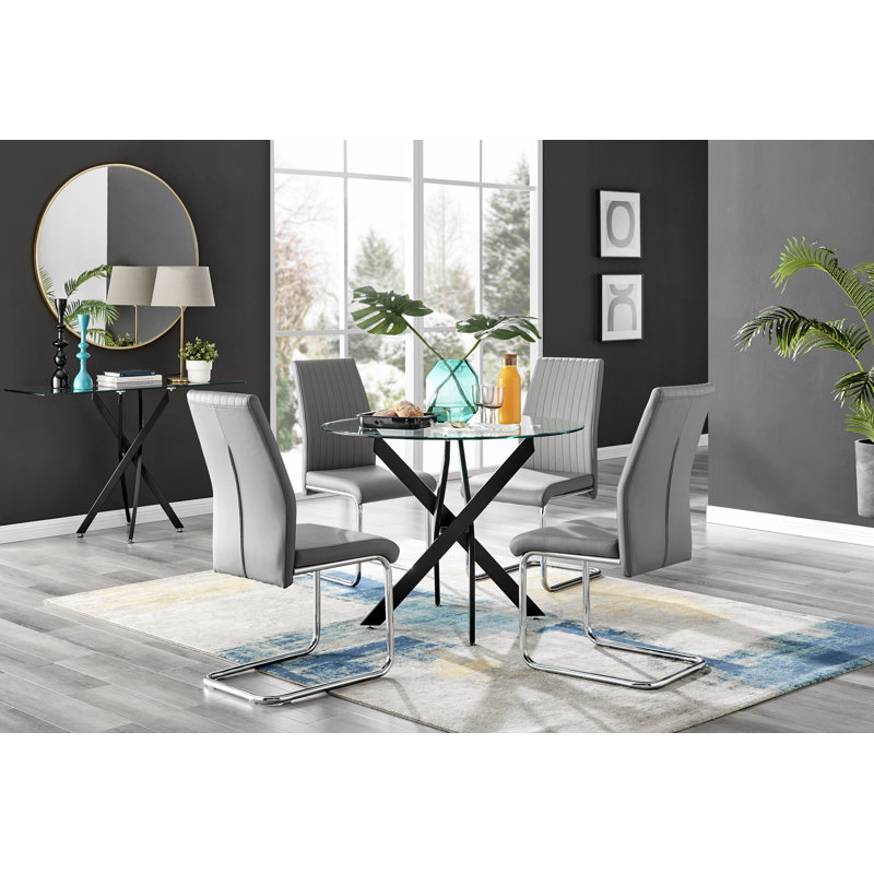 Tierra Sleek Metal and Glass 4 Seat Round Dining Table Set with 4 Luxury Faux Leather Dining Chairs, Gray