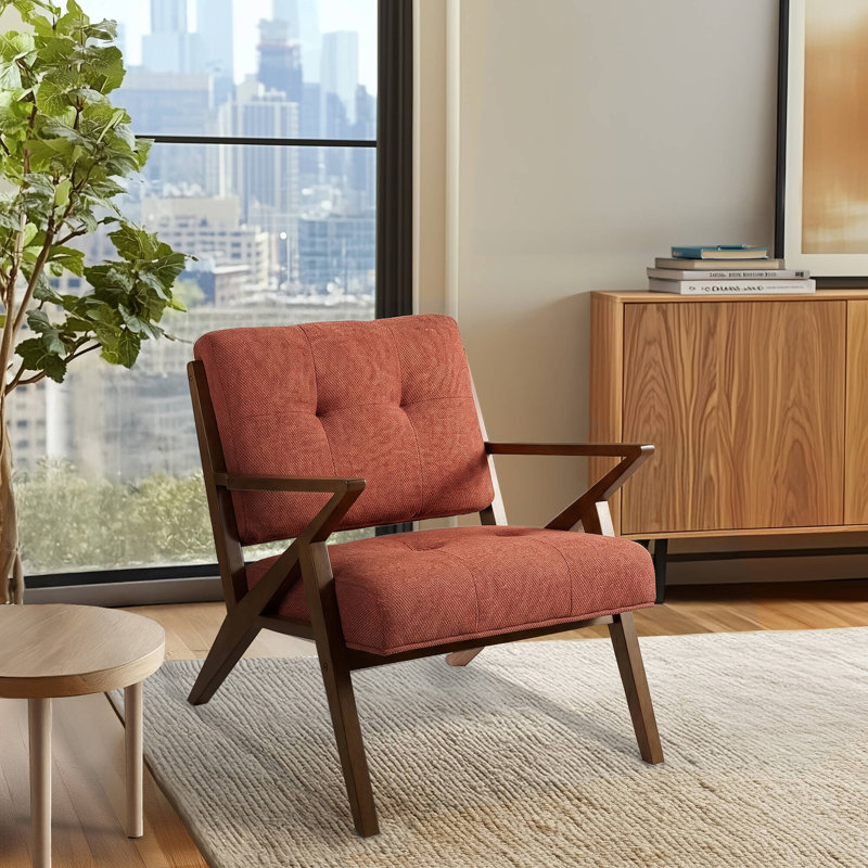 Balom Retro Button Tufted Upholstered Arm Chair with Angled Wood Frame, Orange, Orange Textured