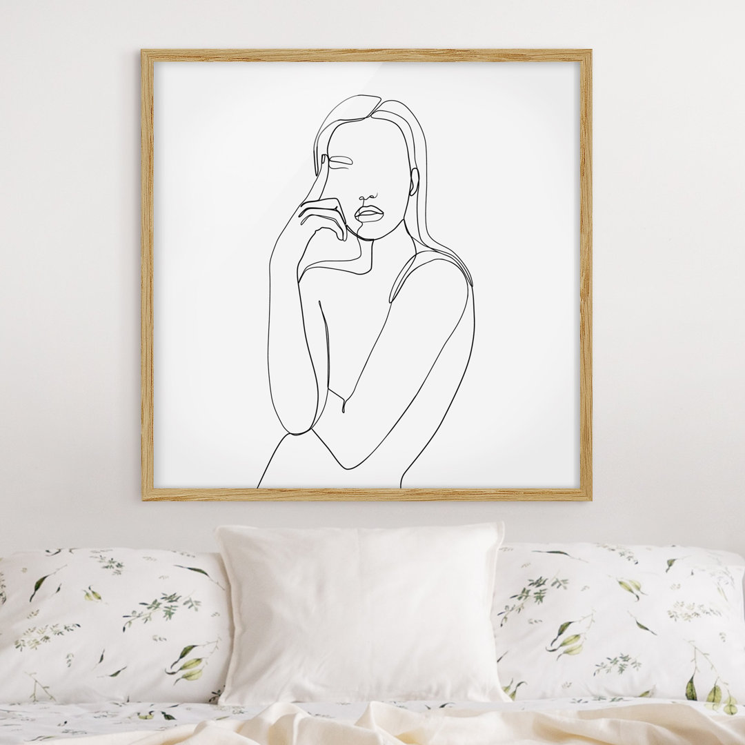 Gerahmter Kunstdruck Line Art Thoughtful Woman Black White