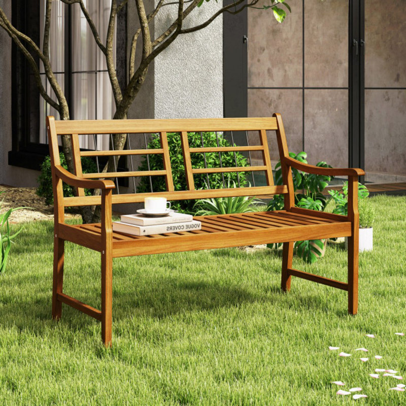 Banc de patio en bois d'acacia avec accoudoirs incurvés et dossier à lattes