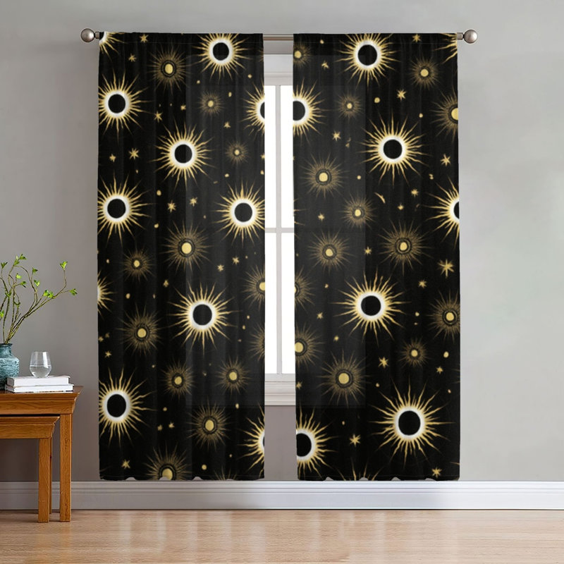 2 pièces rideaux célestes de soleil et d'étoiles, noir cosmique doré à motif moderne bohémien filtrant la lumière pour le salon, la chambre à coucher, la cuisine, les poches de la fenêtre, le style Darkenin