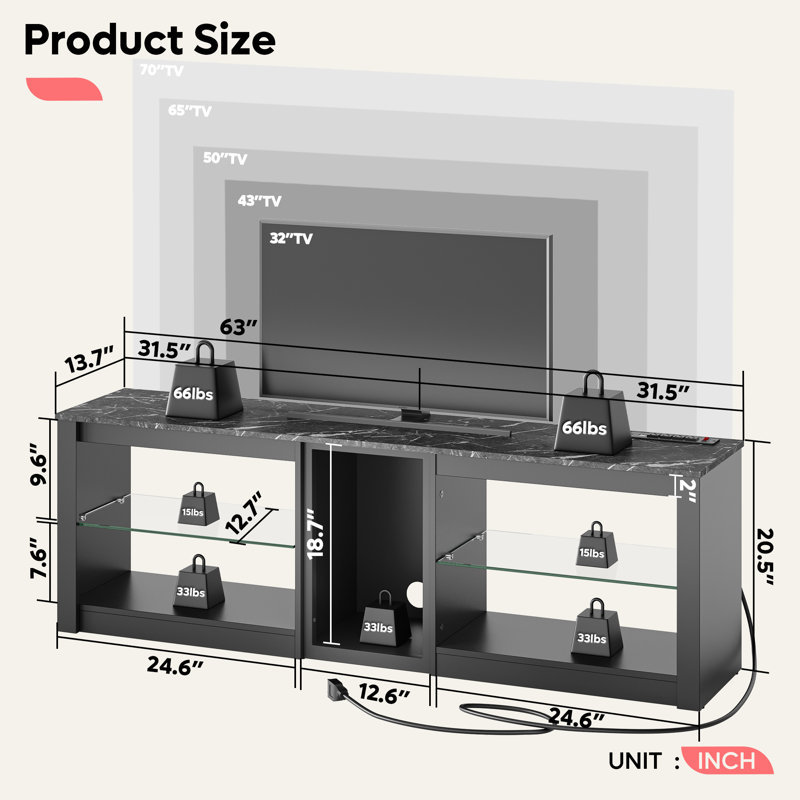 Maurley TV Stand for TVs up to 70 inch, Gaming Media Console for PS5, LED TV Cabinet with Power Outlet & Glass Shelves