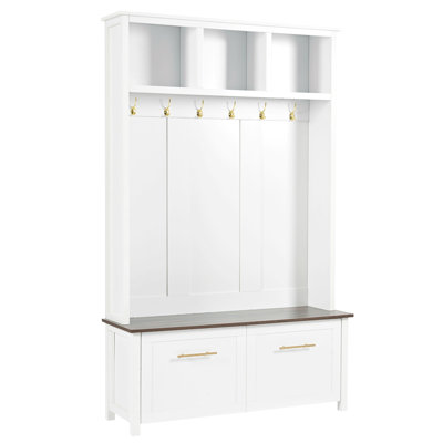 Versatile 4-in-1 Hall Tree with 6 Hooks, Wood Grain Bench, and Multiple Storage Options for Entryway Organization