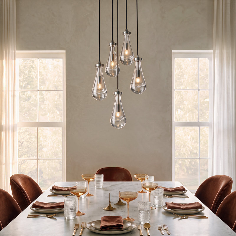 Luminaire suspendu 5 lumières en forme de goutte de verre moderne nickel, H 56,7 po x l 15,7 po x P 15,7 po, Nickel, 5