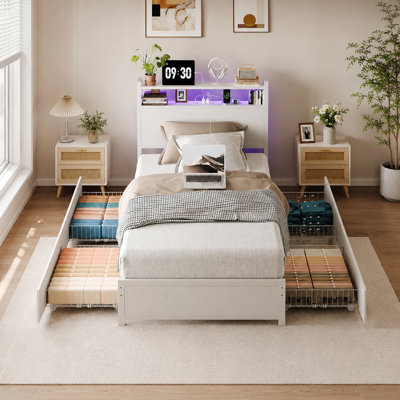 Bed Frame With 2-Tier Storage Headboard, Metal Platform Bed Frame With 4 Storage Drawers, Built In Charging Station And LED, Metal Support/No Box Spring Needed, White