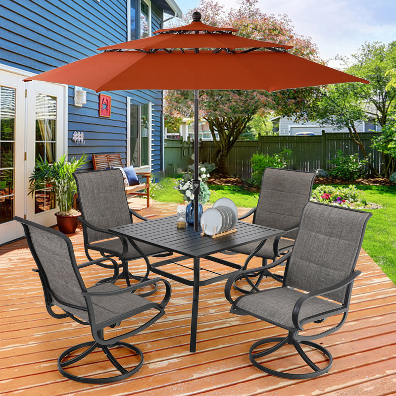 4 person patio table with umbrella PHI VILLA Furniture Set for 4,Swivel Mesh Dining Chairs Create a welcoming outdoor dining space with the URBAN outdoor dining table with umbrella hole UDPATIO Outdoor Dining Table, Heavy