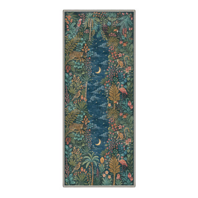 Machine Washable Toile Blue / Green Hallway Runner With Non-Slip Backing