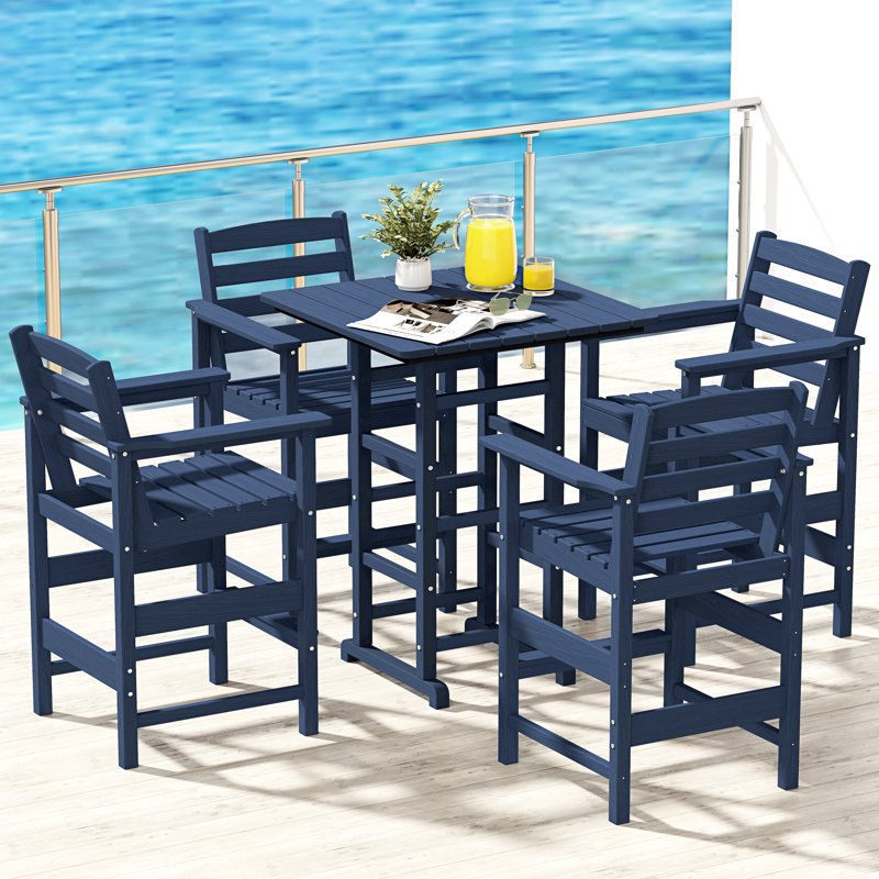 5-Piece HDPE Outdoor Bar Set – 4 Tall Bar Chairs & 1 Square Table, All-Weather Patio Furniture for Poolside, Garden, or Balcony
