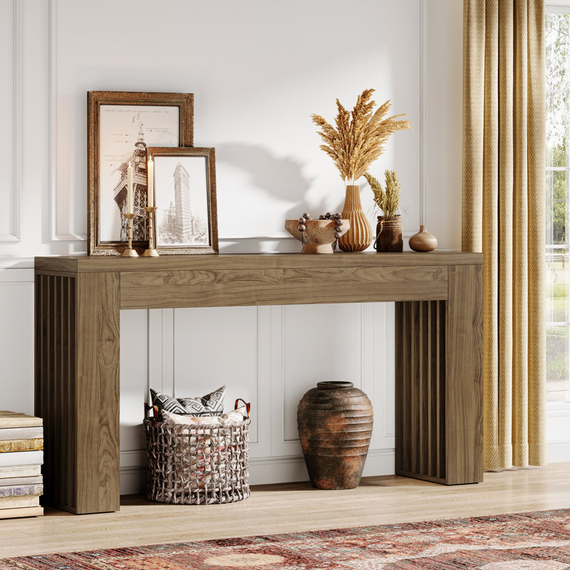 Console 59 pouces, canapé rectangulaire en bois derrière le canapé, Brun