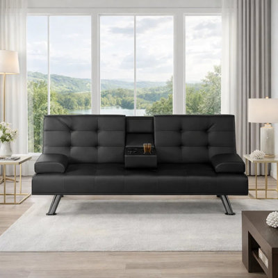 66" Click-Clack Convertible Sofa Bed with Cup Holder Table, Compact PU Leather Futon Couch for Small Spaces, Black